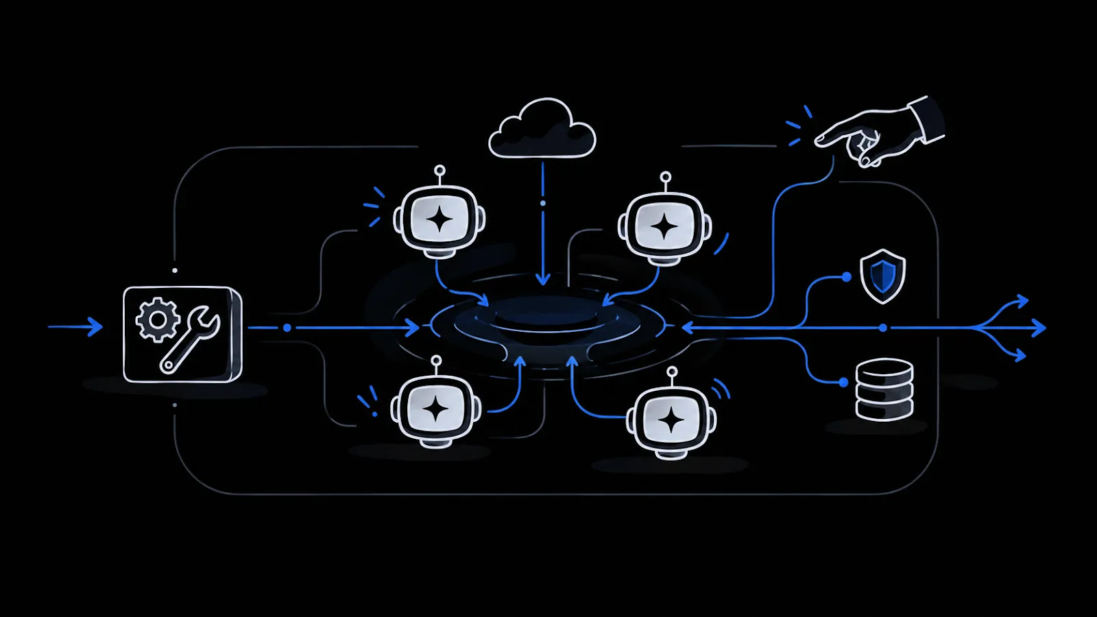 Four agents drawn around a shared runtime, with a tool panel, a model, a human reviewer, a policy check and a datastore connected to it.
