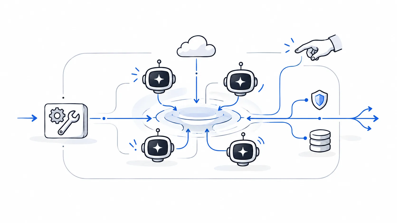Four agents drawn around a shared runtime, with a tool panel, a model, a human reviewer, a policy check and a datastore connected to it.
